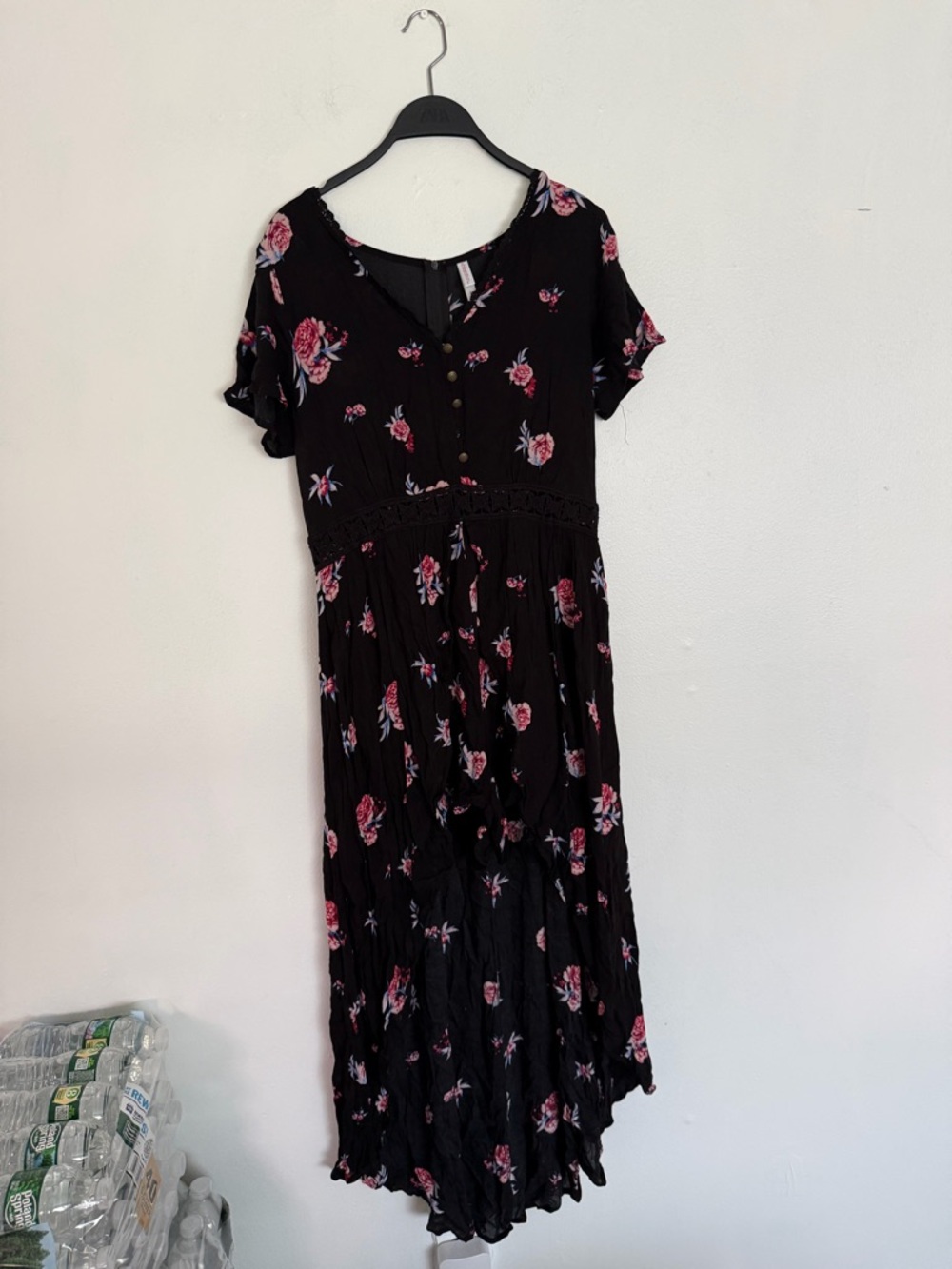 Black Floral Midi Dress with Pink Rose Print and Smocked Waist